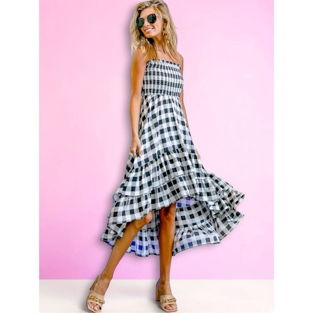 Bibi SmockedāGingham Midi Dress Strapless High Low Ruffle XL NWT - Picture 7 of 13